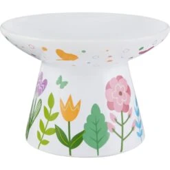 Frisco Cat Face Floral Wide Shape Elevated Non-Skid Ceramic Cat Bowl